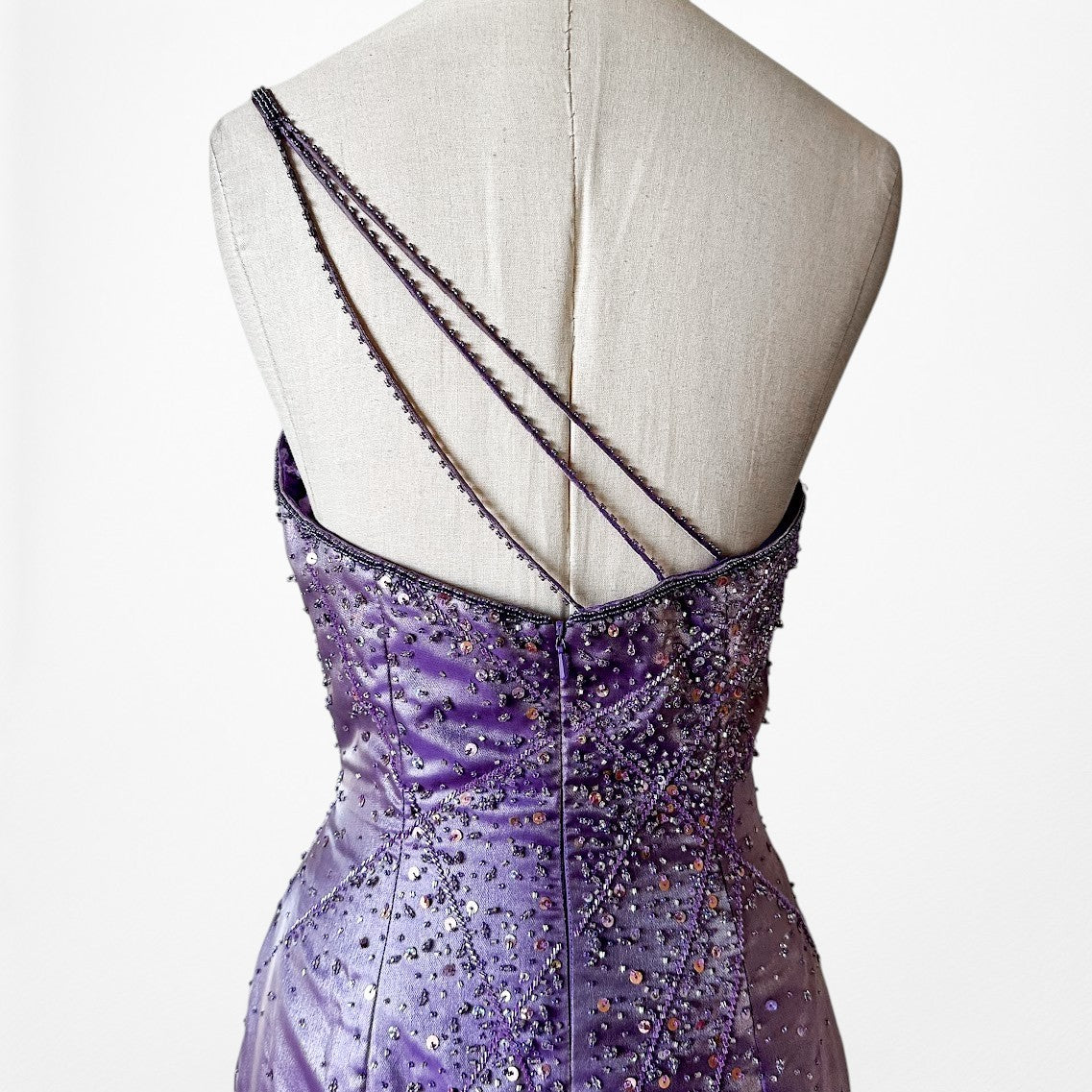 Vintage Y2K 90s Purple Satin One Shoulder Beaded Mermaid Maxi Prom Dress Size S