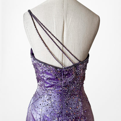 Vintage Y2K 90s Purple Satin One Shoulder Beaded Mermaid Maxi Prom Dress Size S