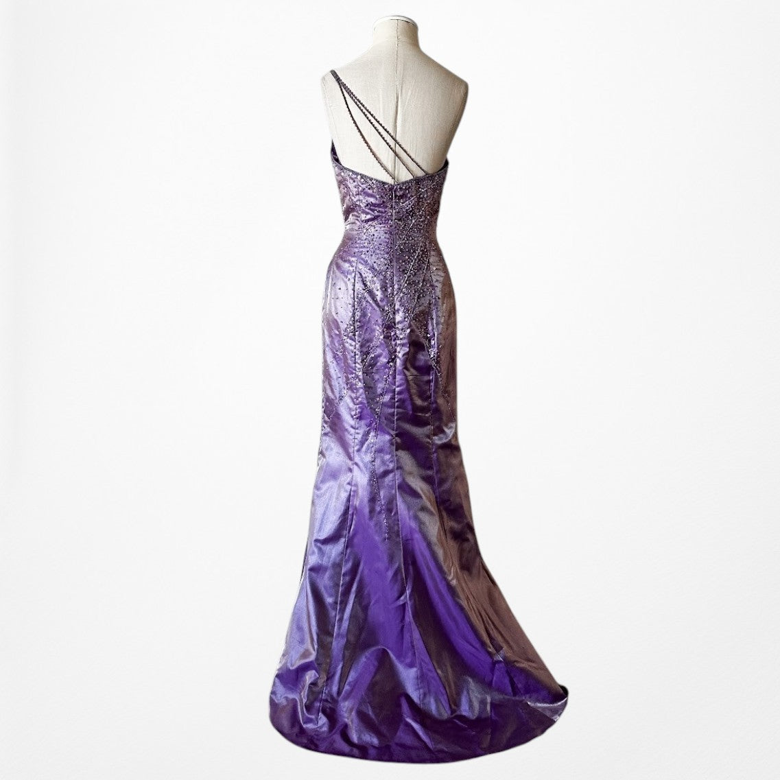 Vintage Y2K 90s Purple Satin One Shoulder Beaded Mermaid Maxi Prom Dress Size S