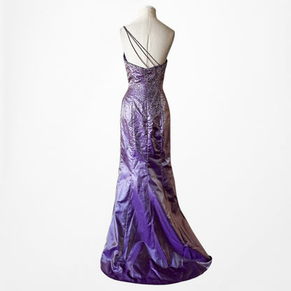 Vintage Y2K 90s Purple Satin One Shoulder Beaded Mermaid Maxi Prom Dress Size S