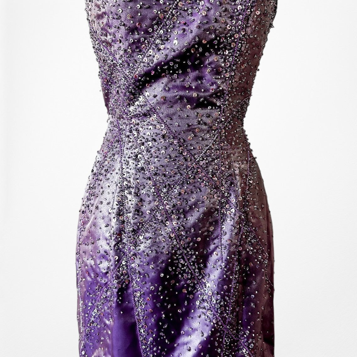 Vintage Y2K 90s Purple Satin One Shoulder Beaded Mermaid Maxi Prom Dress Size S