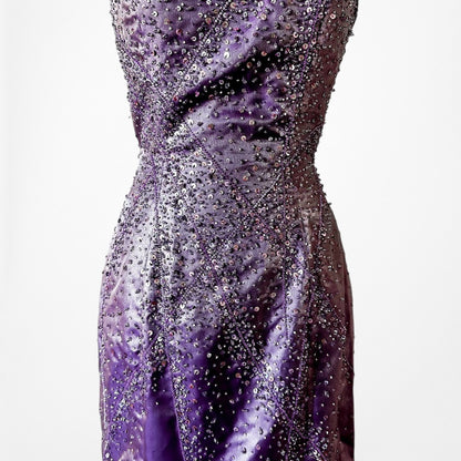 Vintage Y2K 90s Purple Satin One Shoulder Beaded Mermaid Maxi Prom Dress Size S