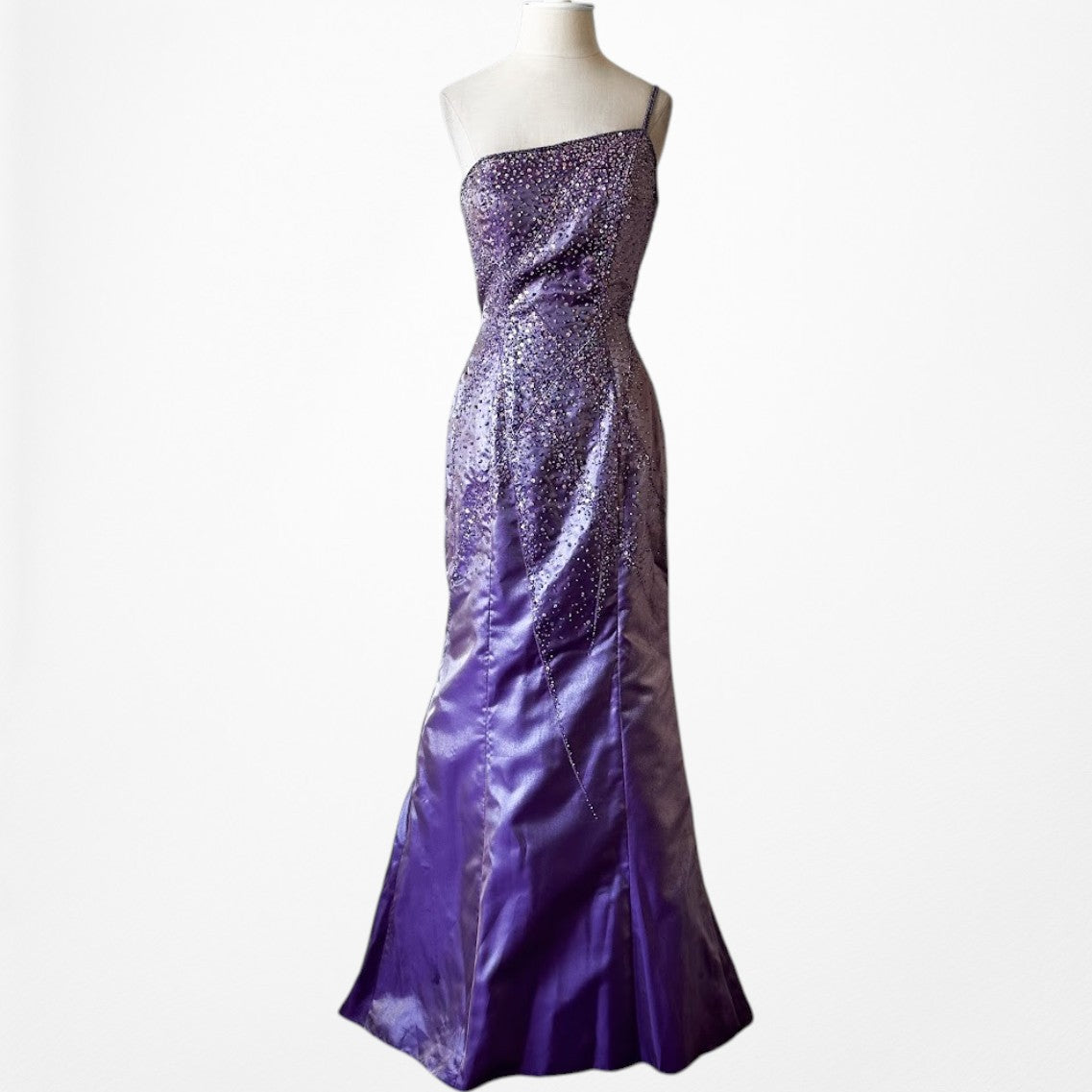 Vintage Y2K 90s Purple Satin One Shoulder Beaded Mermaid Maxi Prom Dress Size S