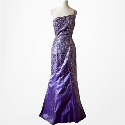 Vintage Y2K 90s Purple Satin One Shoulder Beaded Mermaid Maxi Prom Dress Size S