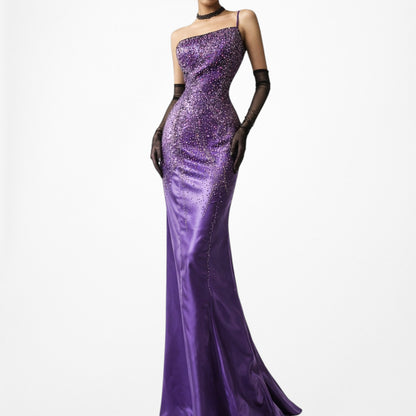 Vintage Y2K 90s Purple Satin One Shoulder Beaded Mermaid Maxi Prom Dress Size S