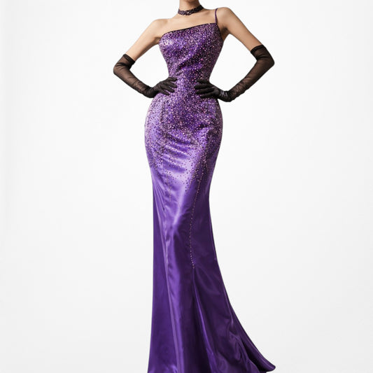 Vintage Y2K 90s Purple Satin One Shoulder Beaded Mermaid Maxi Prom Dress Size S