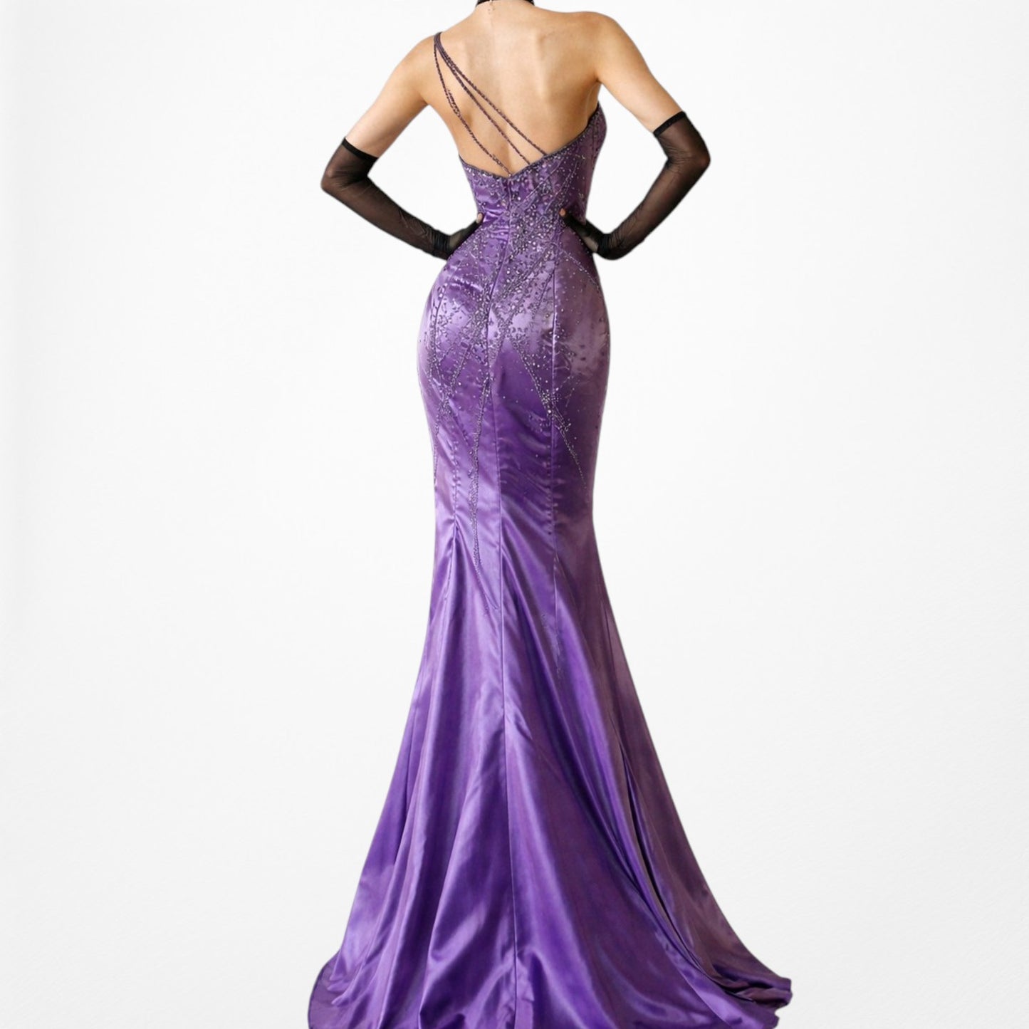 Vintage Y2K 90s Purple Satin One Shoulder Beaded Mermaid Maxi Prom Dress Size S