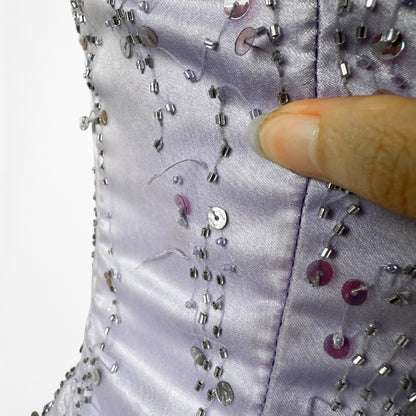 Vintage Y2K Purple Beaded Strapless Organza Lace Up Flared Maxi Prom Dress S
