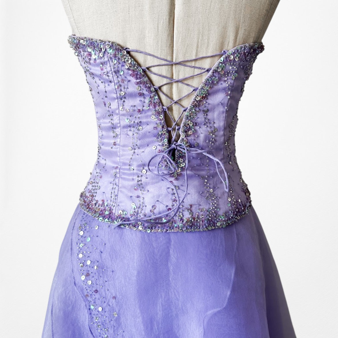 Vintage Y2K Purple Beaded Strapless Organza Lace Up Flared Maxi Prom Dress S