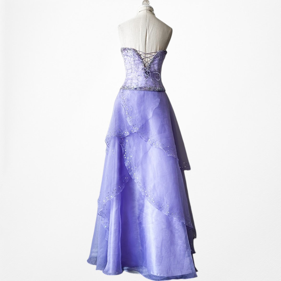 Vintage Y2K Purple Beaded Strapless Organza Lace Up Flared Maxi Prom Dress S