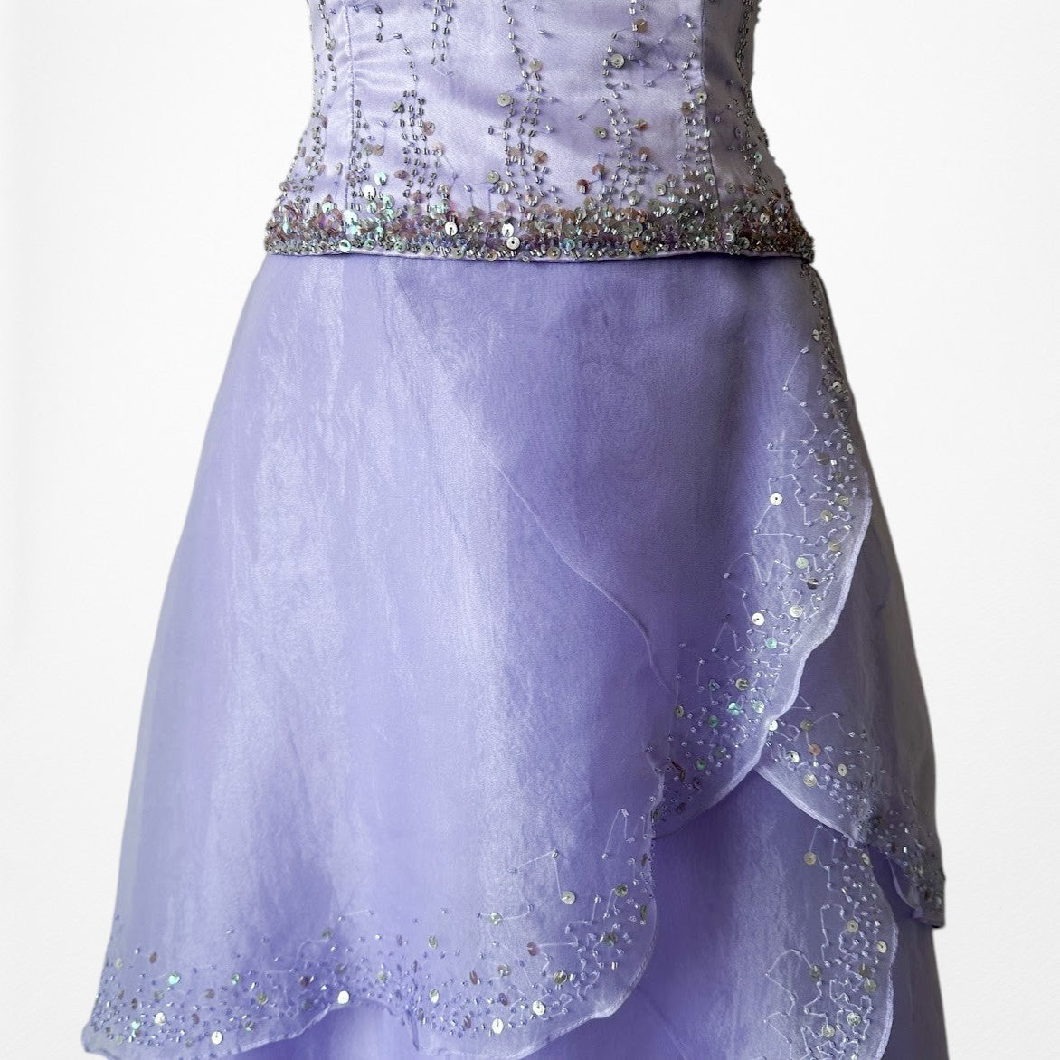 Vintage Y2K Purple Beaded Strapless Organza Lace Up Flared Maxi Prom Dress S