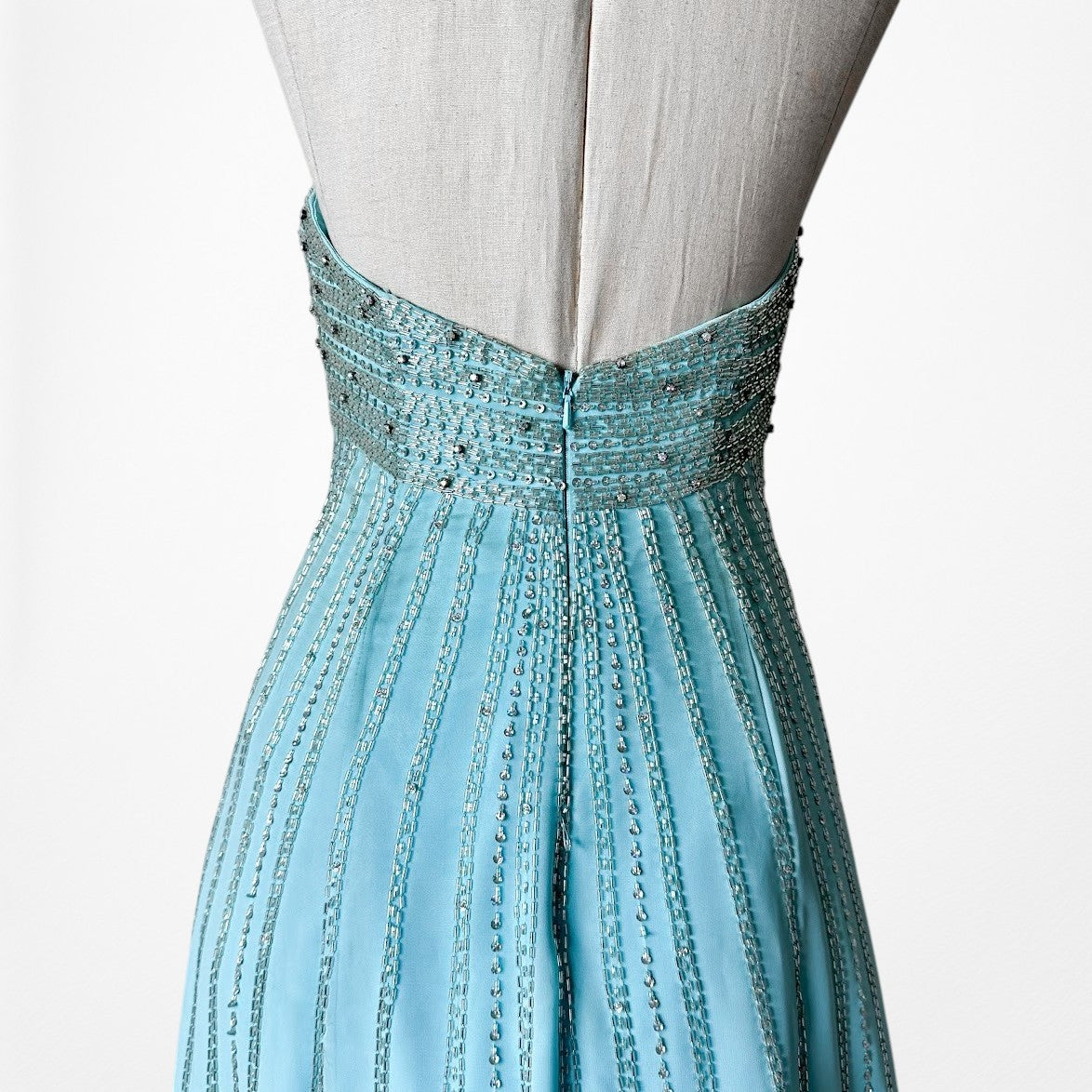 Vintage Y2K Pastel Blue Strapless Beaded Rhinestone Flared Prom Dress Size S/M