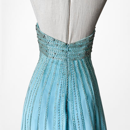 Vintage Y2K Pastel Blue Strapless Beaded Rhinestone Flared Prom Dress Size S/M