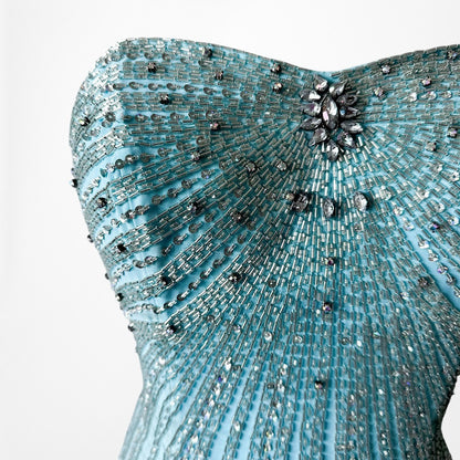 Vintage Y2K Pastel Blue Strapless Beaded Rhinestone Flared Prom Dress Size S/M