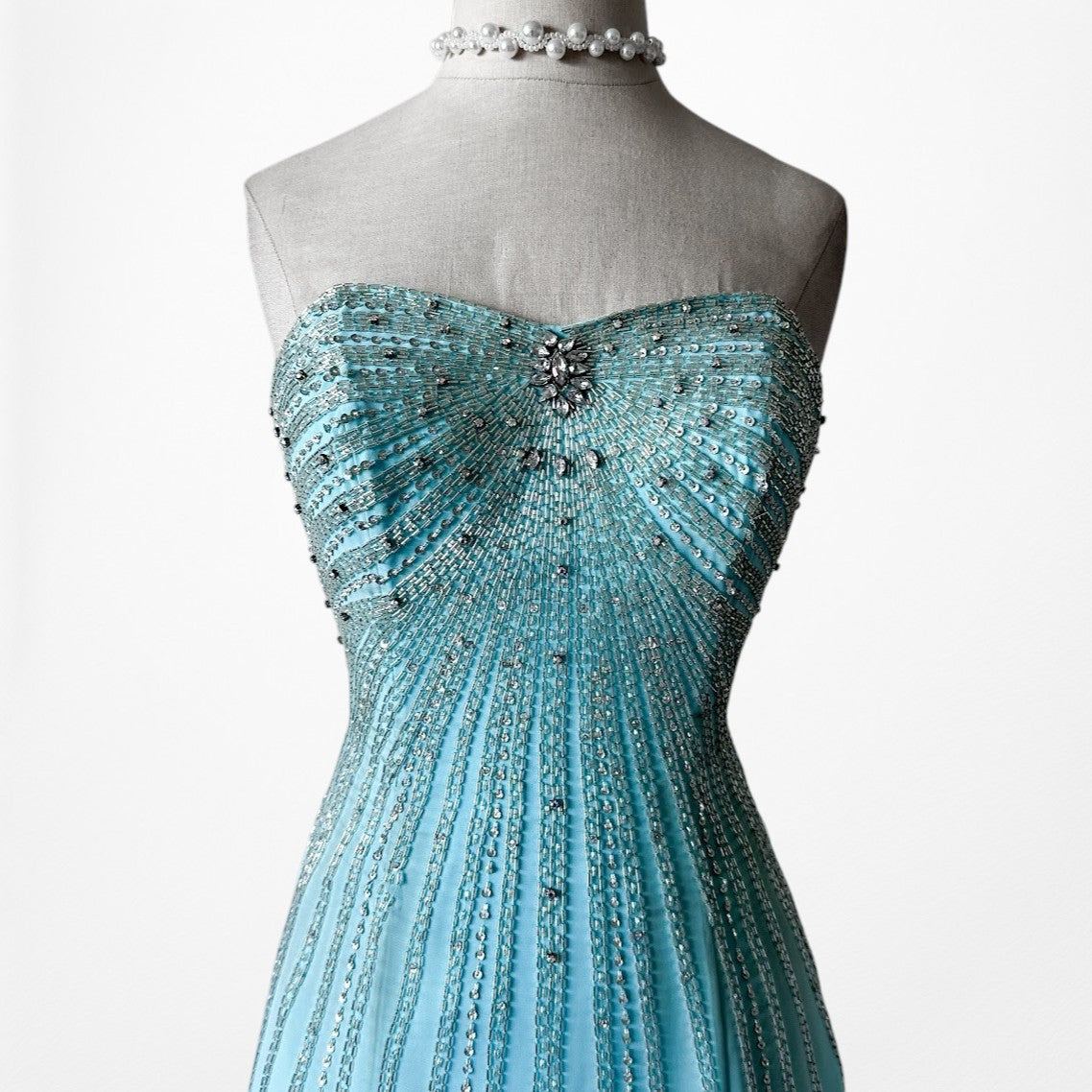 Vintage Y2K Pastel Blue Strapless Beaded Rhinestone Flared Prom Dress Size S/M