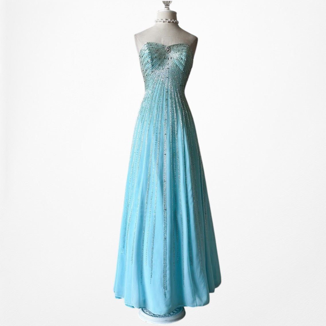 Vintage Y2K Pastel Blue Strapless Beaded Rhinestone Flared Prom Dress Size S/M