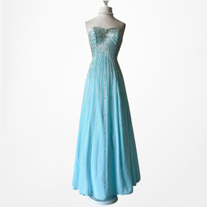Vintage Y2K Pastel Blue Strapless Beaded Rhinestone Flared Prom Dress Size S/M