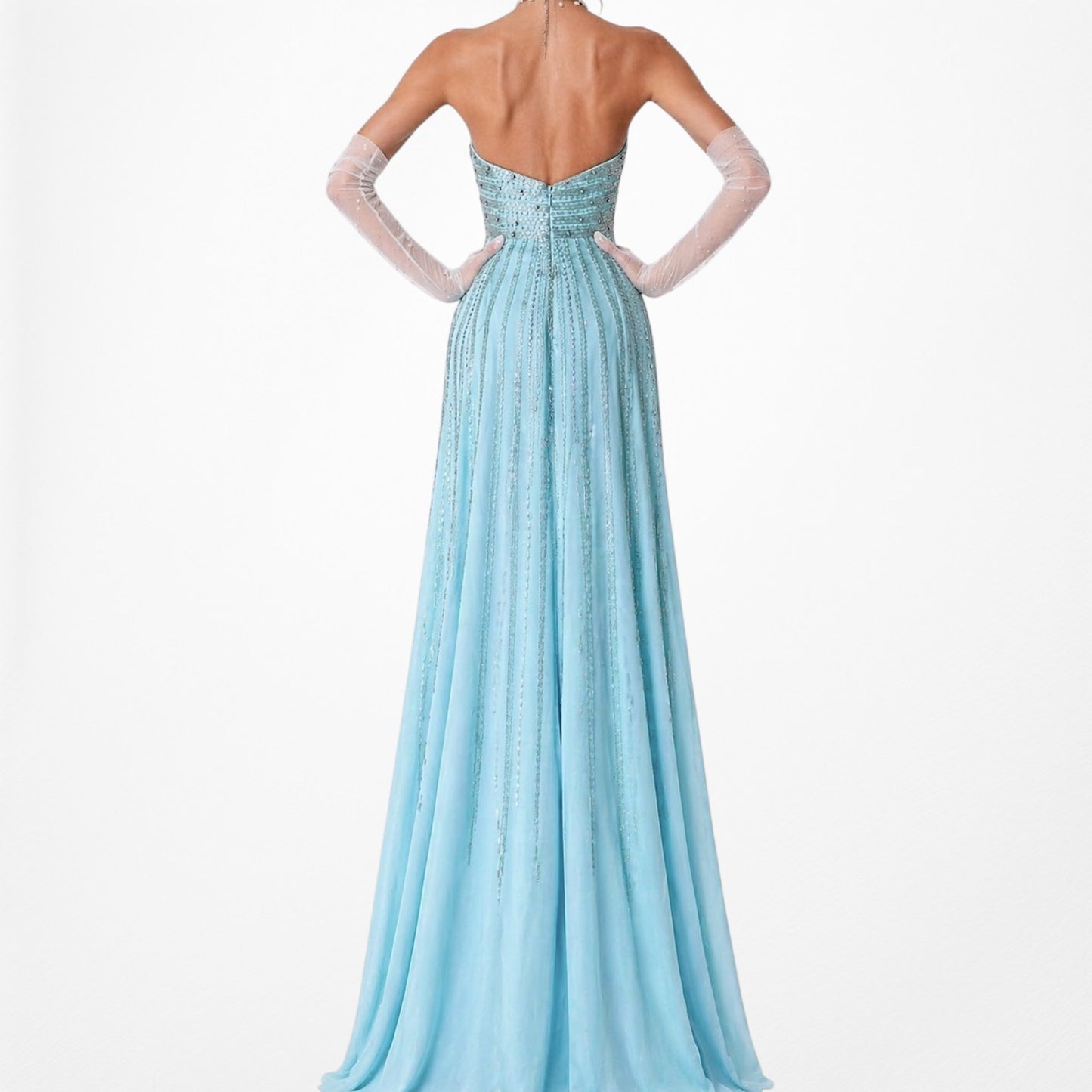 Vintage Y2K Pastel Blue Strapless Beaded Rhinestone Flared Prom Dress Size S/M
