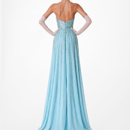 Vintage Y2K Pastel Blue Strapless Beaded Rhinestone Flared Prom Dress Size S/M
