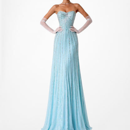 Vintage Y2K Pastel Blue Strapless Beaded Rhinestone Flared Prom Dress Size S/M