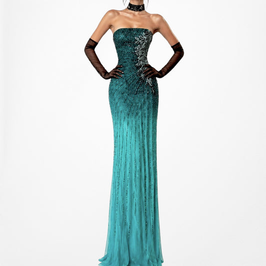 Vintage Y2K Blue Teal Strapless Silk Floral Beaded Maxi Formal Prom Dress Size S