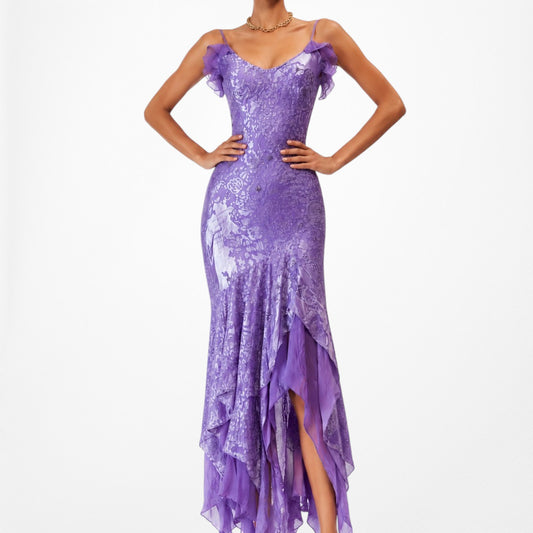 Vintage Purple Silk Asymmetric Ruffle Beaded Midi Cocktail Formal Dress Size S/M