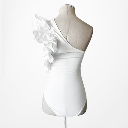 Zara White One Shoulder Knit Ruffle Detail Fitted Bodysuit Blouse Top Size XS/S