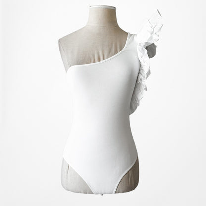 Zara White One Shoulder Knit Ruffle Detail Fitted Bodysuit Blouse Top Size XS/S