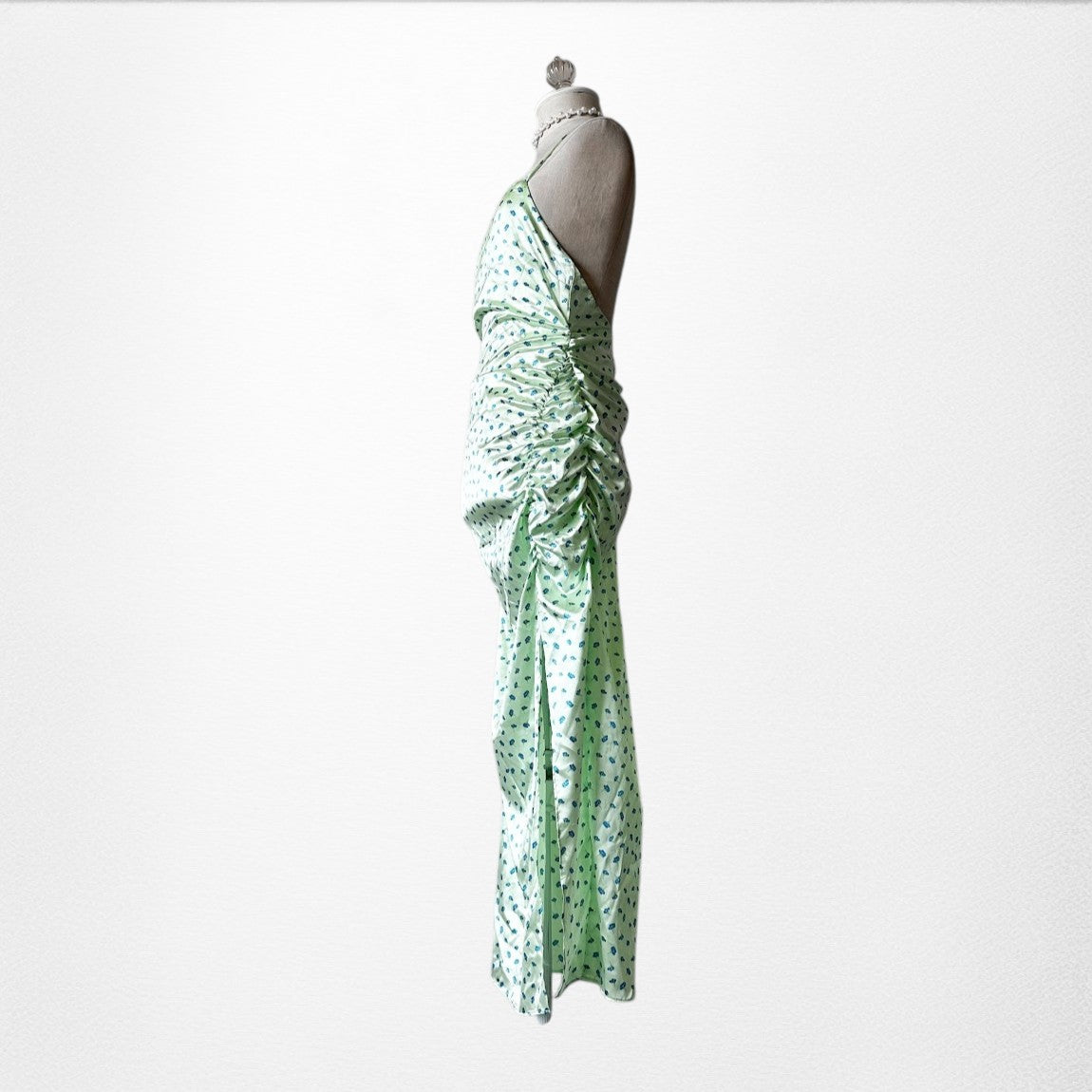 Zara Pastel Green Blue Printed Satin Midi Ruched Side Slit Summer Sundress S