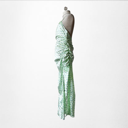 Zara Pastel Green Blue Printed Satin Midi Ruched Side Slit Summer Sundress S