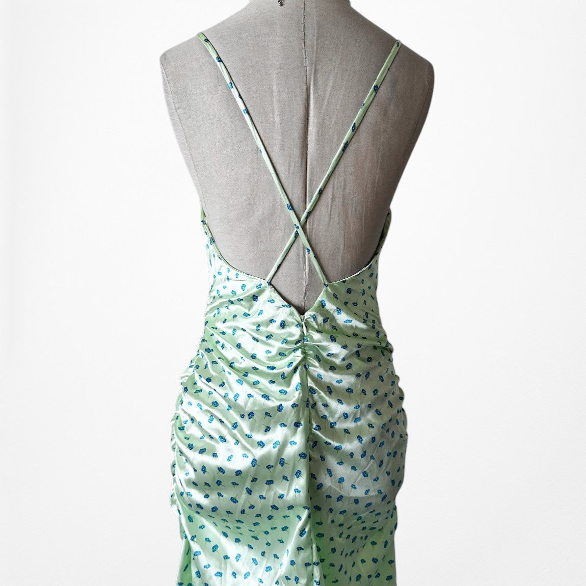 Zara Pastel Green Blue Printed Satin Midi Ruched Side Slit Summer Sundress S