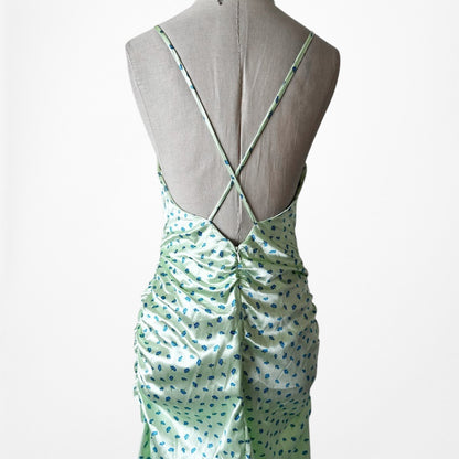 Zara Pastel Green Blue Printed Satin Midi Ruched Side Slit Summer Sundress S