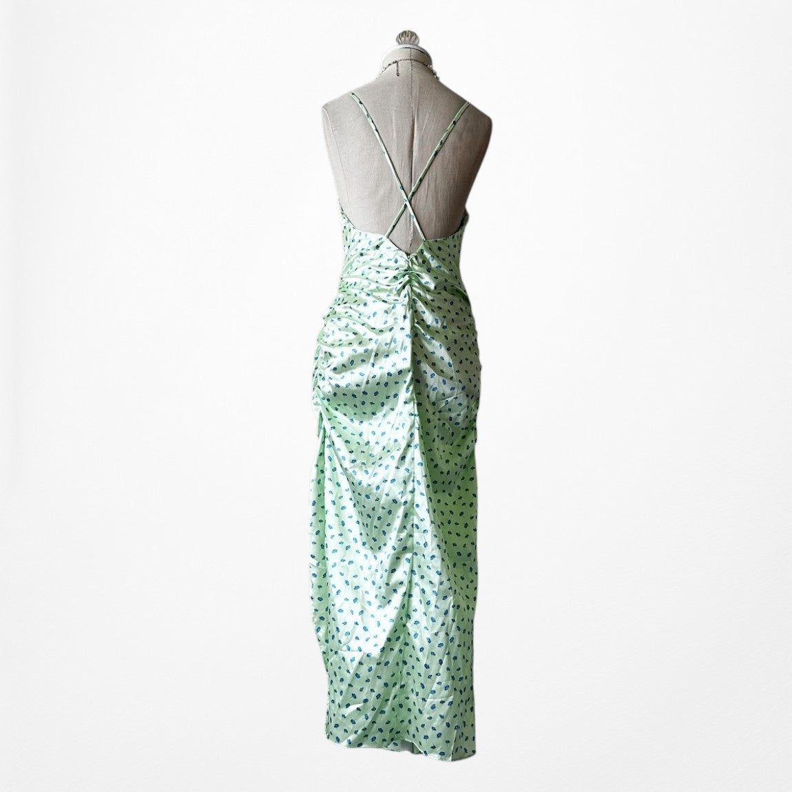 Zara Pastel Green Blue Printed Satin Midi Ruched Side Slit Summer Sundress S
