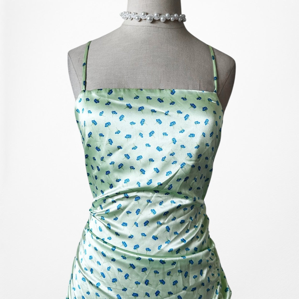 Zara Pastel Green Blue Printed Satin Midi Ruched Side Slit Summer Sundress S