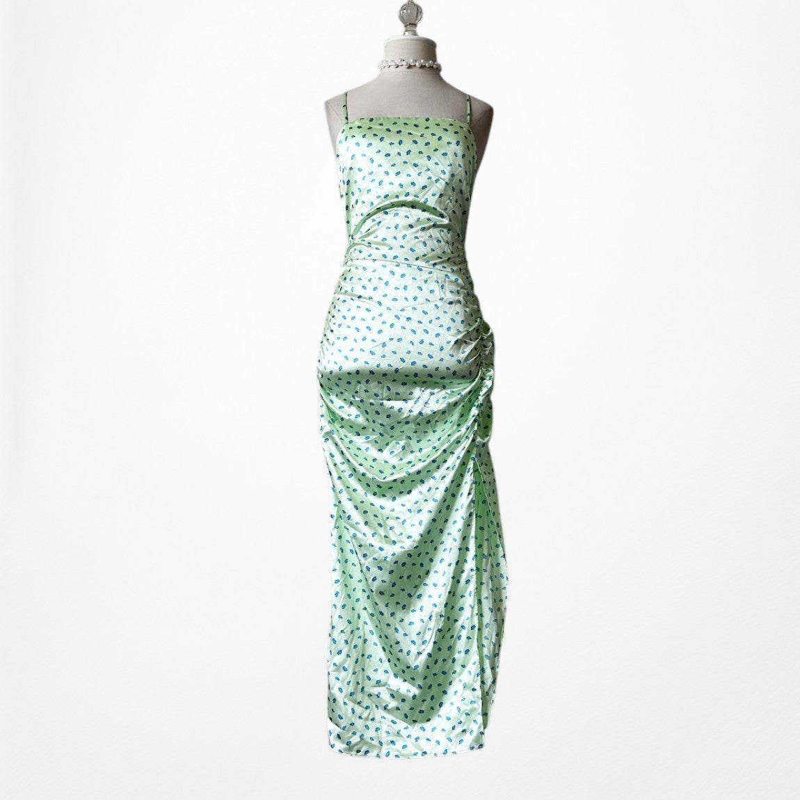 Zara Pastel Green Blue Printed Satin Midi Ruched Side Slit Summer Sundress S