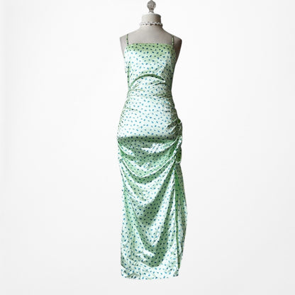 Zara Pastel Green Blue Printed Satin Midi Ruched Side Slit Summer Sundress S