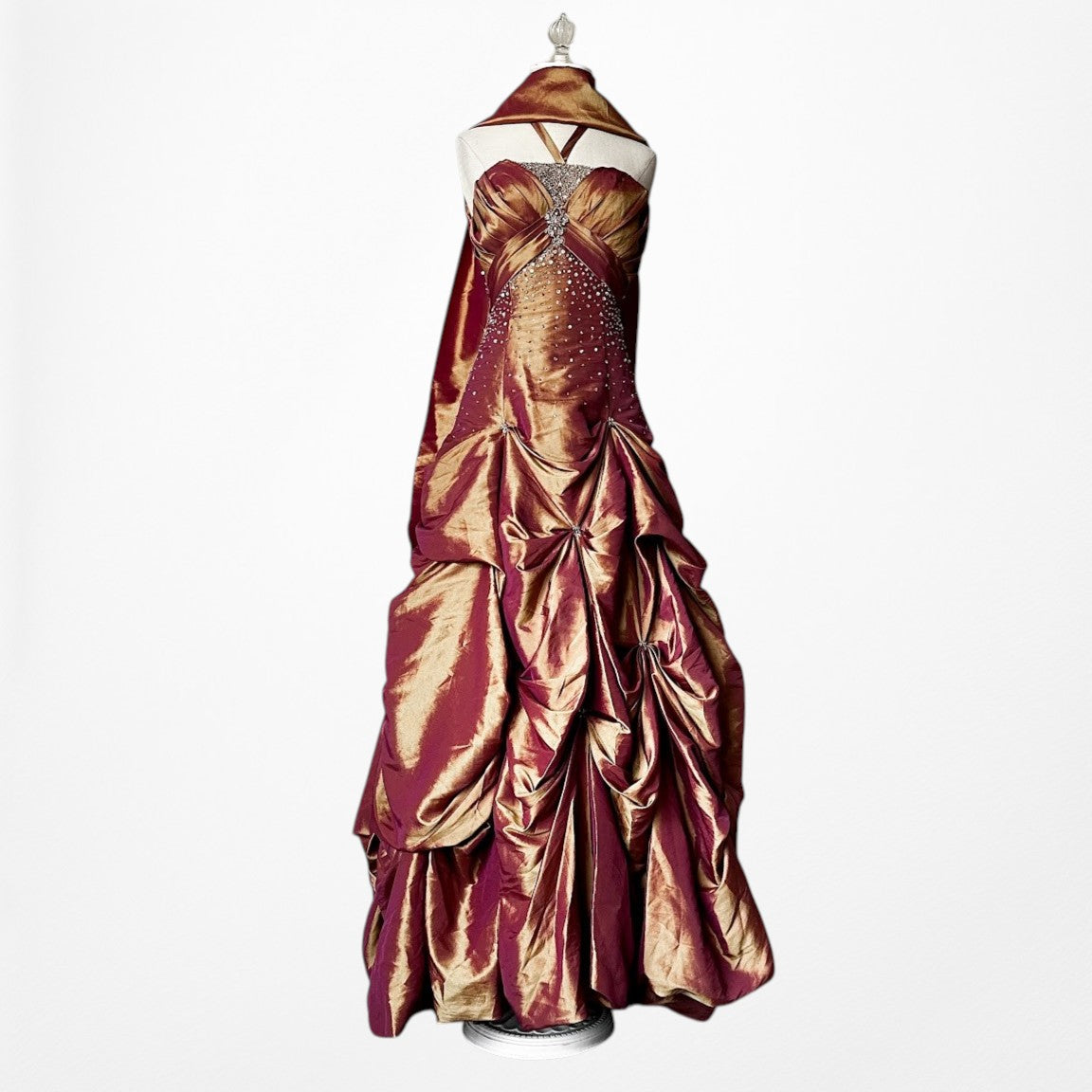 Vintage Y2K Copper Brown Halter Beaded Satin Flared Maxi Prom Dress Size XS/S