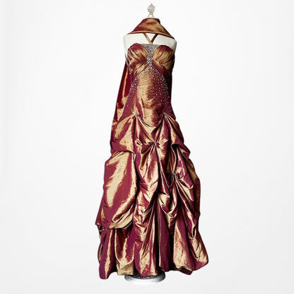 Vintage Y2K Copper Brown Halter Beaded Satin Flared Maxi Prom Dress Size XS/S