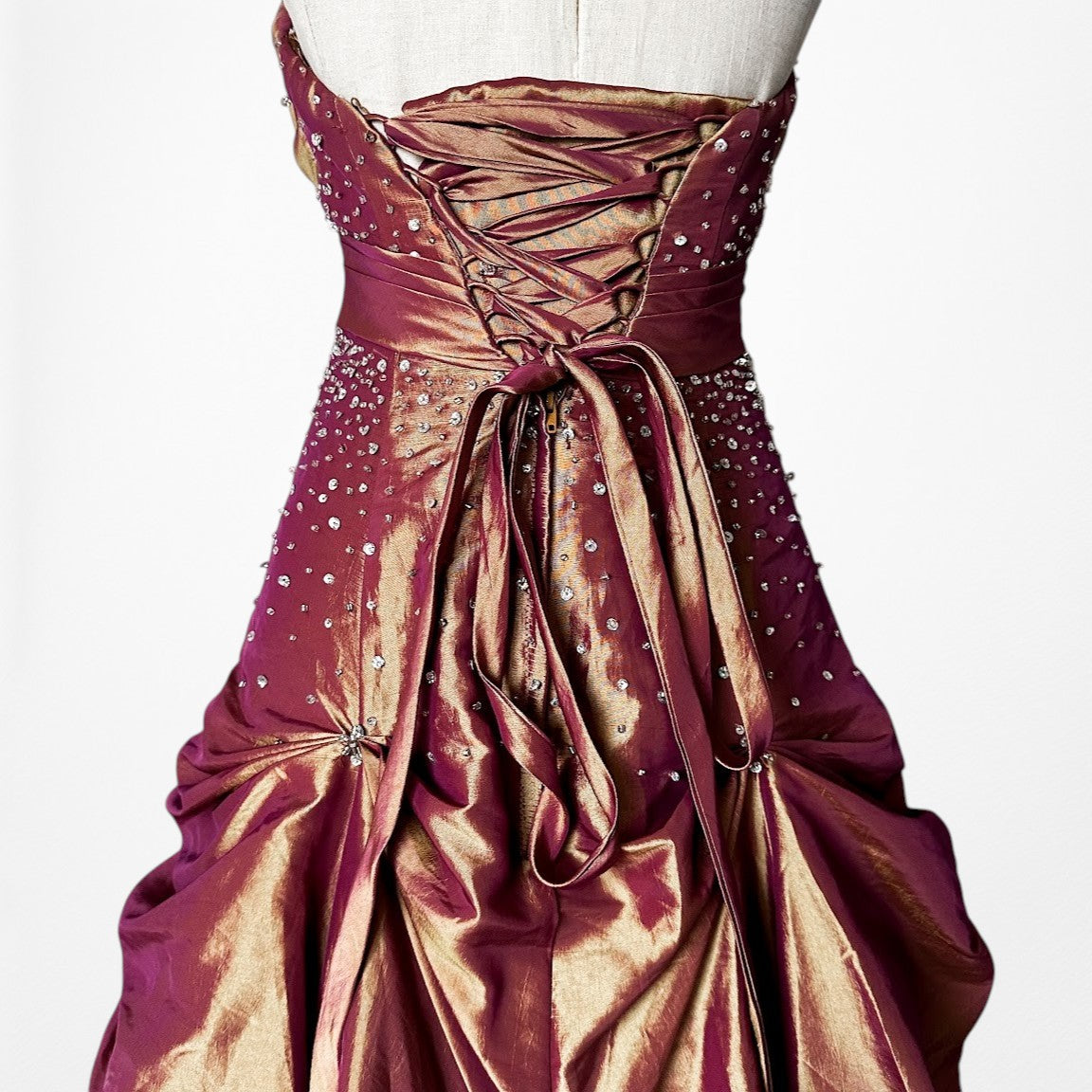 Vintage Y2K Copper Brown Halter Beaded Satin Flared Maxi Prom Dress Size XS/S