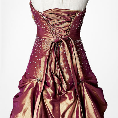 Vintage Y2K Copper Brown Halter Beaded Satin Flared Maxi Prom Dress Size XS/S