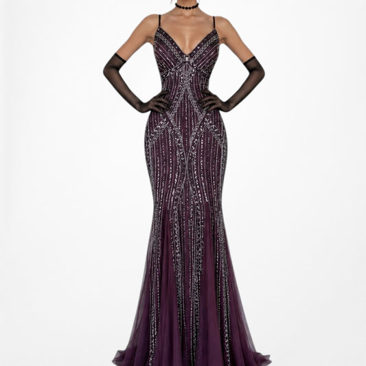 Vintage Y2K Purple Sequin Beaded Mesh Bodycon Formal Maxi Prom Dress Size M/L