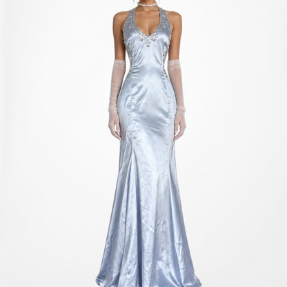 Vintage Y2K Pastel Blue Satin Halter Beaded Fit Flared Maxi Prom Dress Size M/L