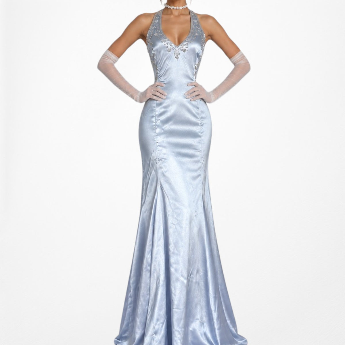Vintage Y2K Pastel Blue Satin Halter Beaded Fit Flared Maxi Prom Dress Size M/L