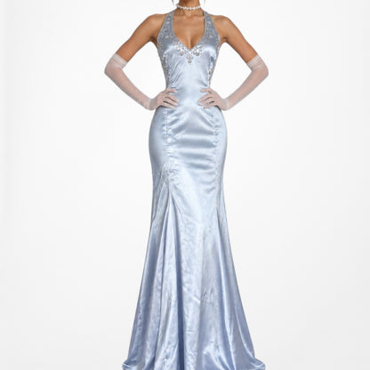 Vintage Y2K Pastel Blue Satin Halter Beaded Fit Flared Maxi Prom Dress Size M/L