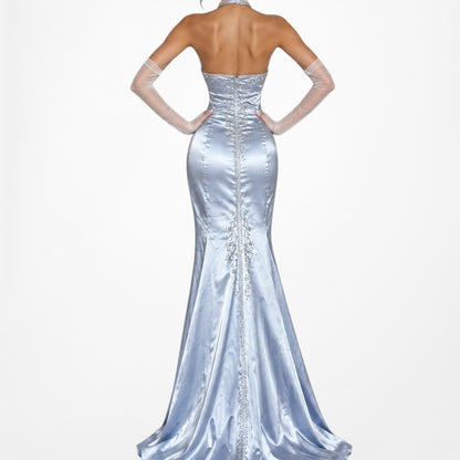 Vintage Y2K Pastel Blue Satin Halter Beaded Fit Flared Maxi Prom Dress Size M/L