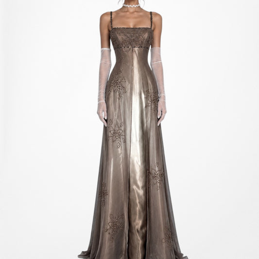 Vintage Y2K Beige Gold Mesh Satin Floral Beaded Formal Maxi Prom Dress Size S