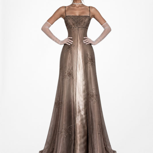 Vintage Y2K Beige Gold Mesh Satin Floral Beaded Formal Maxi Prom Dress Size S