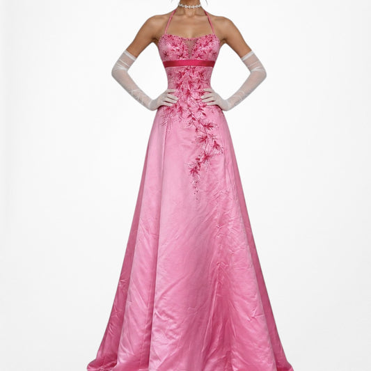 Vintage Y2K Pink Floral Beaded Satin Halter Flared Maxi Formal Prom Dress Size S