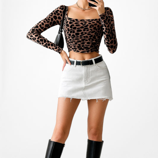 Vintage Y2K Animal Leopard Print Long Sleeve Pleated Knit Crop Top Size S