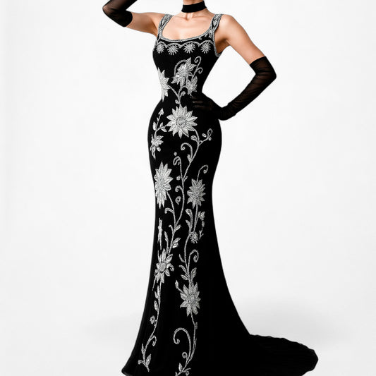 Black White Vintage Floral Beaded Embroidered Silk Maxi Bodycon Formal Cocktail Prom Dress Size M/L